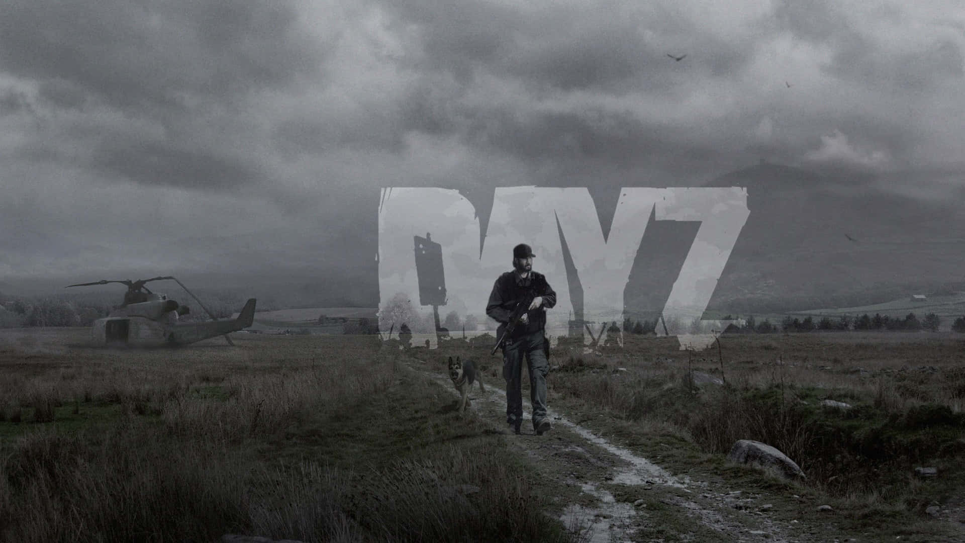 1080p DayZ遊戲背景：男子與狗同行 壁紙 — 一名士兵帶著狗在泥濘的田野中行走，背景是暴風雨的天空、直升機和「DAY7」標誌。