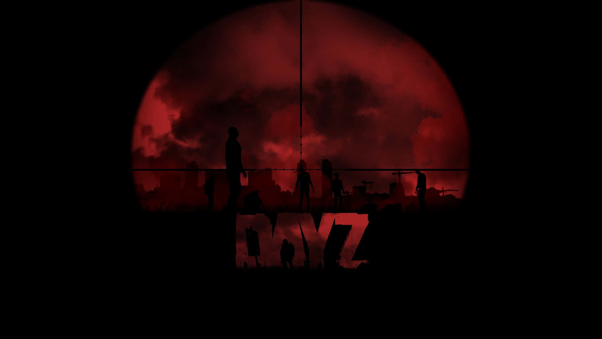 1080p DayZ遊戲背景：紅色瞄準鏡對準殭屍 壁紙 — 剪影人物站在血紅月亮前，透過狙擊鏡瞄準，下方閃爍著DAYZ字樣。