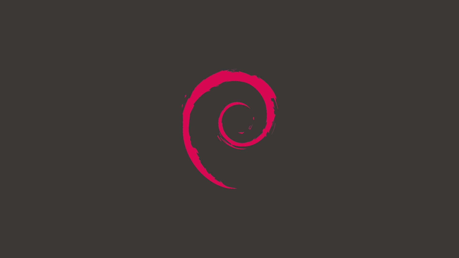 1080p 最簡約主義 Debian 標誌 壁紙 — 一個充滿活力的粉紅色螺旋標誌，居中放置在帶有筆觸紋理的深灰色背景上。