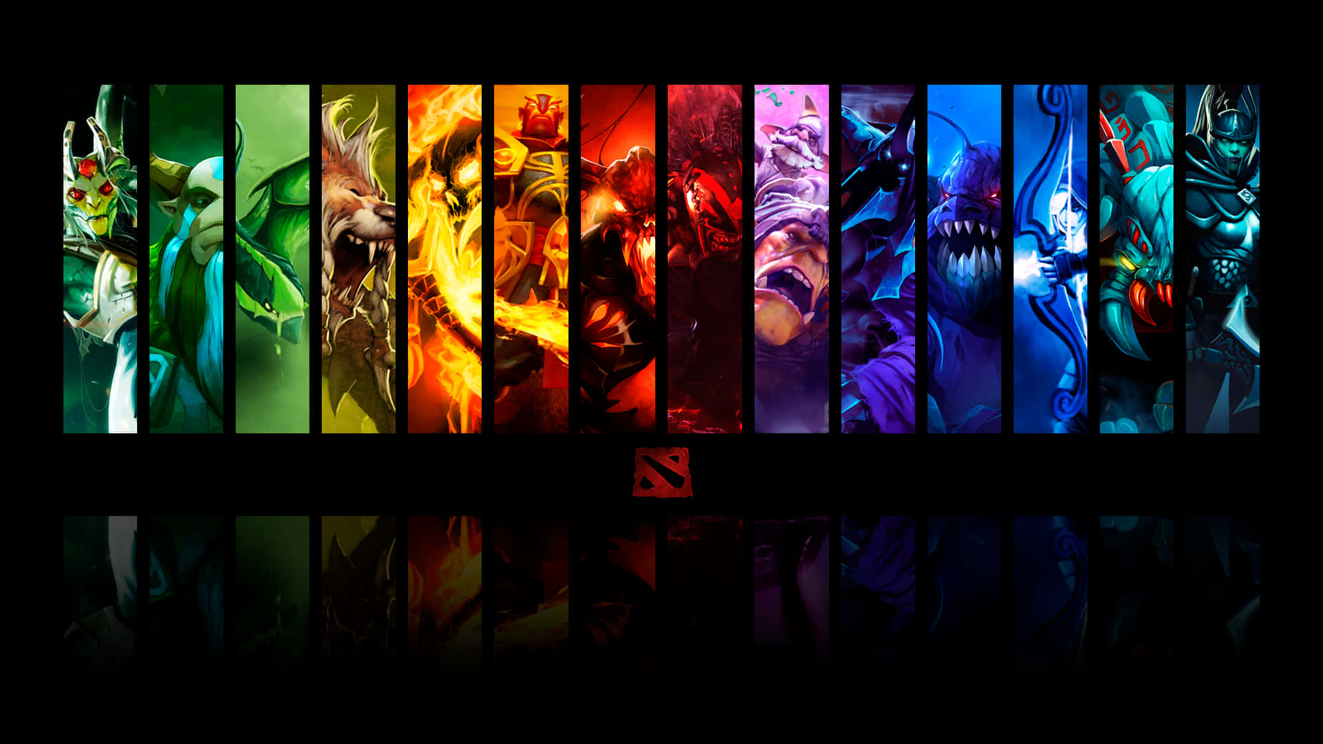 十位 Dota 2 英雄在帶有深色反射的彩色垂直面板中。