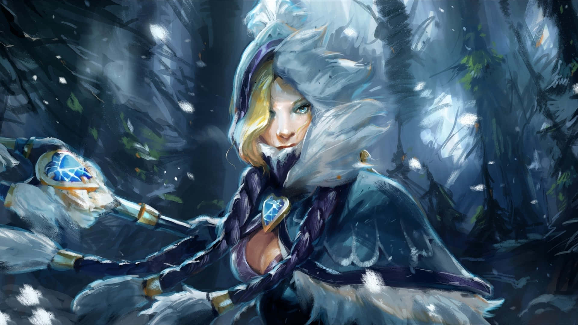 雪林中揮舞發光武器的冰霜戰士