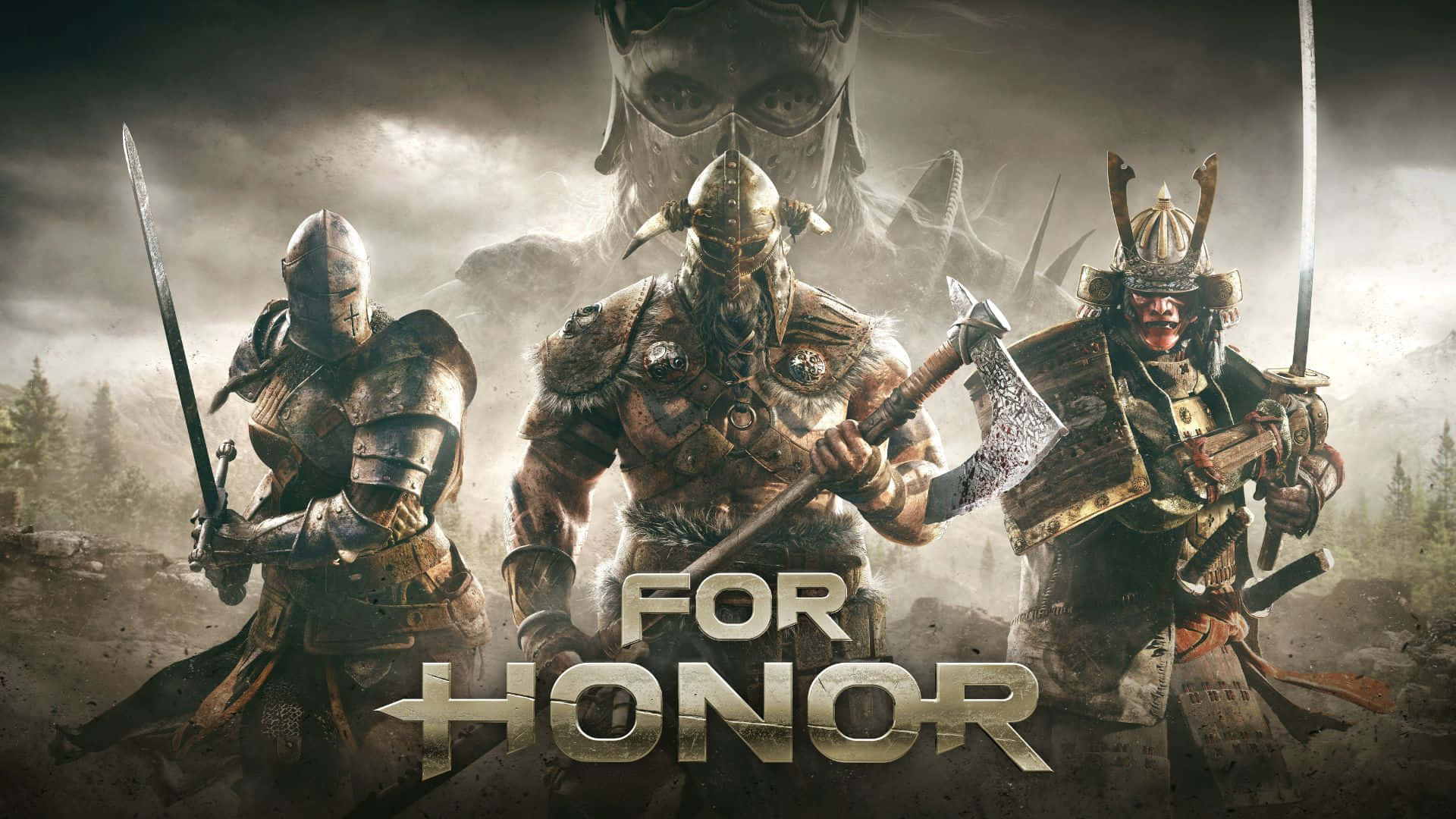 1080p《For Honor》背景：三勇士遊戲標題 壁紙 — 三位來自不同文化的裝甲戰士在暴風雨的天空下準備戰鬥，一個戴面具的巨人潛伏在他們身後。