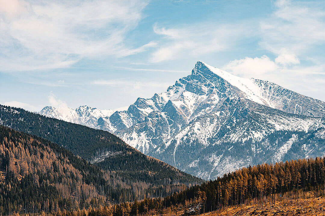斯洛伐克雪峰 1080p 高畫質桌面壁紙 壁紙 — 白雪覆蓋的山峰在柔和的藍天和縷縷白雲下，聳立於金色森林之上。