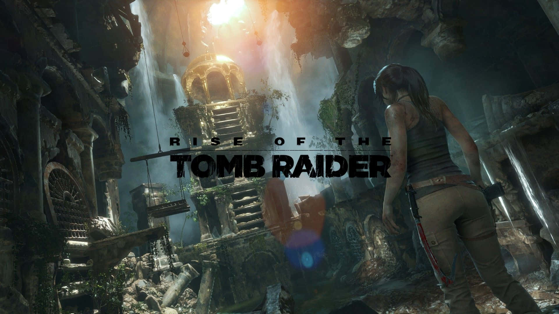 Tomb Raider 主角在擁有瀑布和陽光的古老遺跡中穿梭。