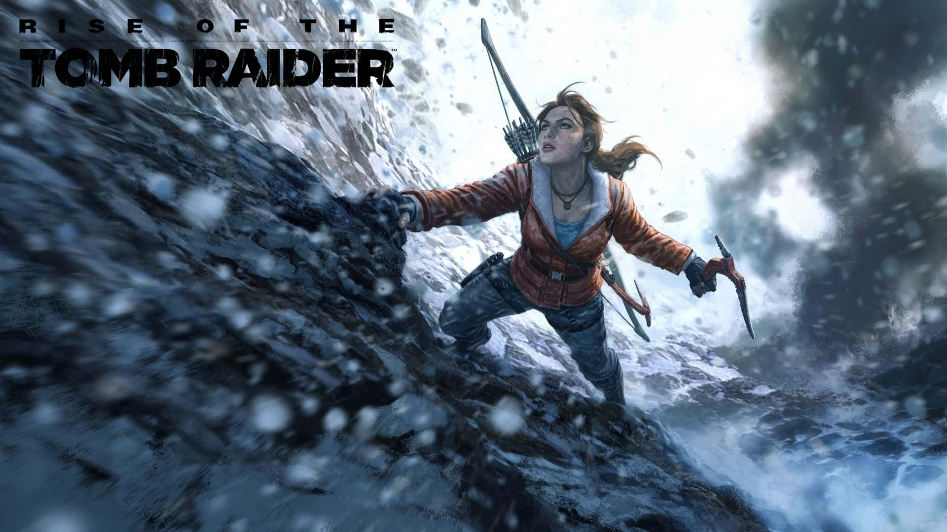 Lara Croft喺暴風雪中用冰斧同弓爬上積雪嘅懸崖。