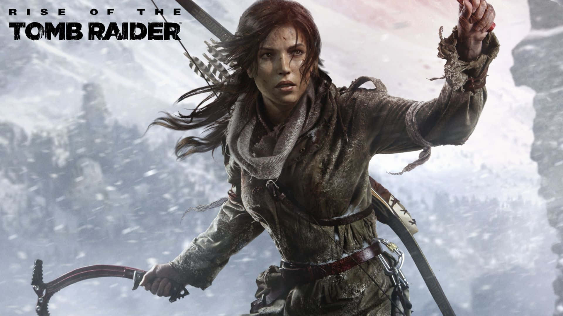 Lara Croft 用冰斧和弓攀登雪山。