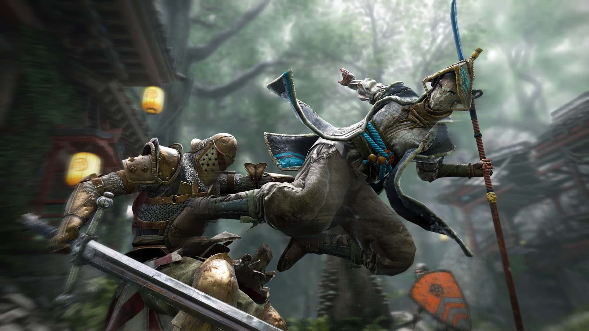 1080p《榮耀戰魂》背景：女忍者飛踢 壁紙 — 兩名身穿盔甲的戰士在迷霧森林中交鋒，傳統燈籠在背景中柔和發光。