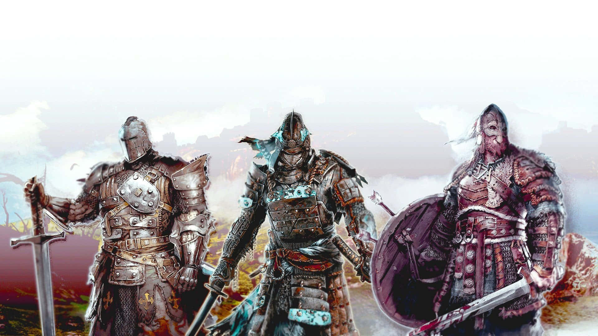 1080p《榮耀戰魂》背景：騎士、武士與維京人 壁紙 — 三名身穿鎧甲的戰士站在霧氣瀰漫的戰場上，一人持劍，一人持盾，第三人持斧，天空多雲。