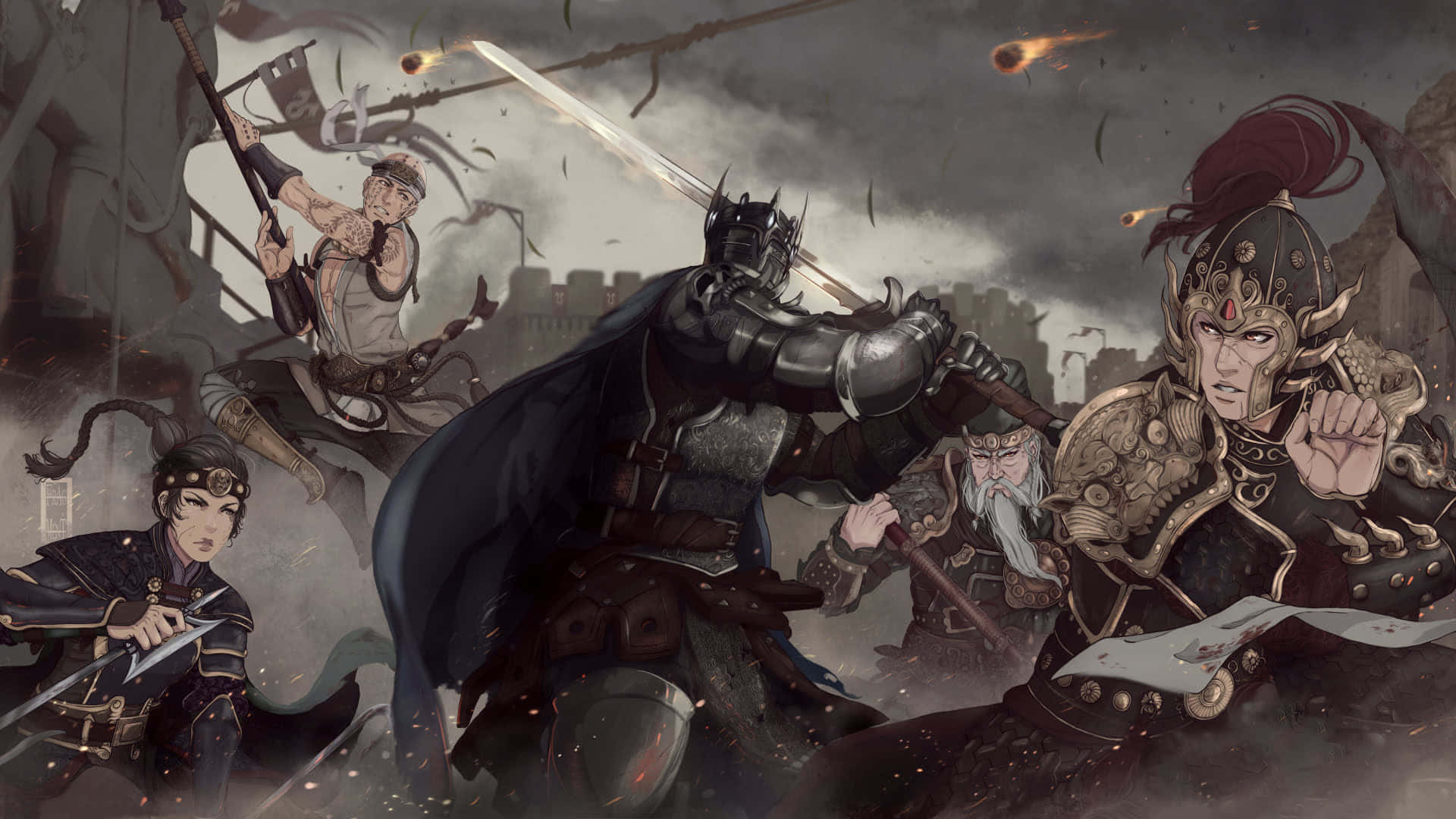 1080p《榮耀戰魂》背景：騎士戰鬥同人插畫 壁紙 — 一個黑暗奇幻的戰鬥場景，身穿盔甲的戰士在煙霧和瓦礫中，在暴風雨的天空下揮劍交鋒。