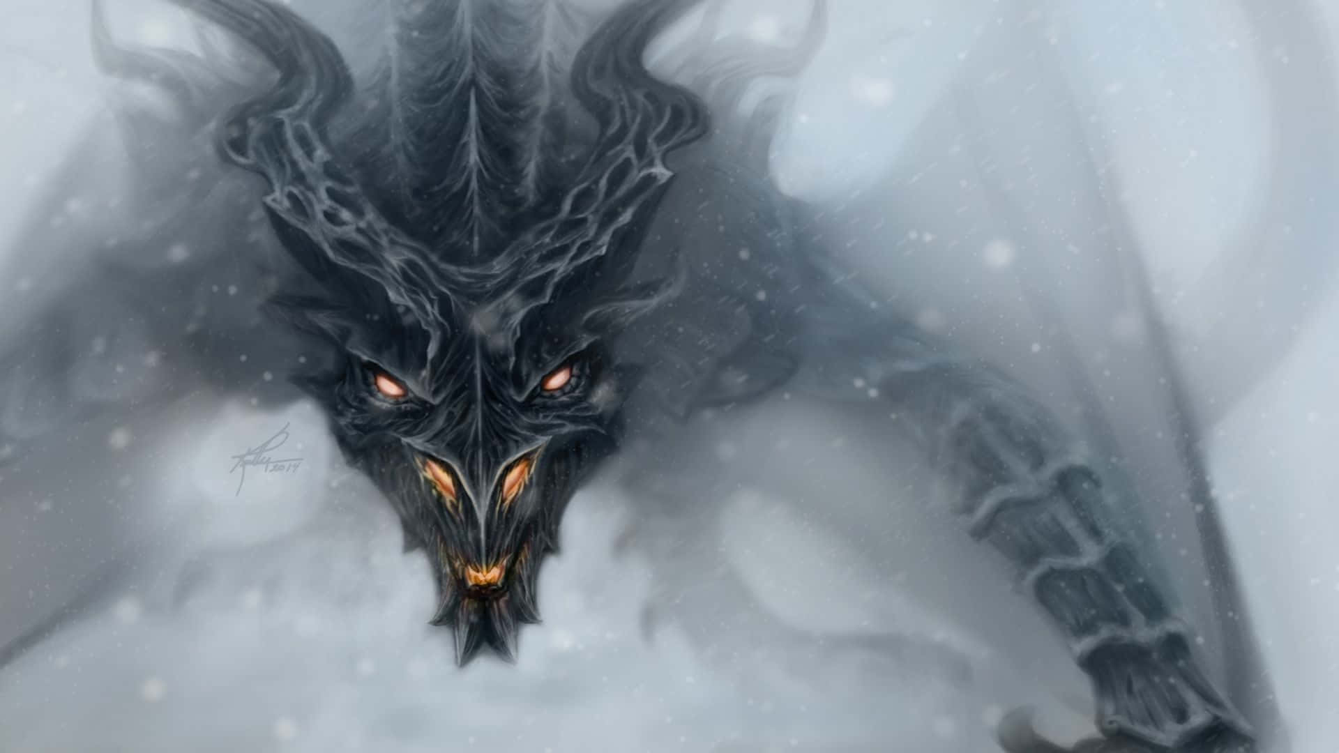一隻帶有發光眼睛的黑暗龍從雪白的冬季風暴中出現。