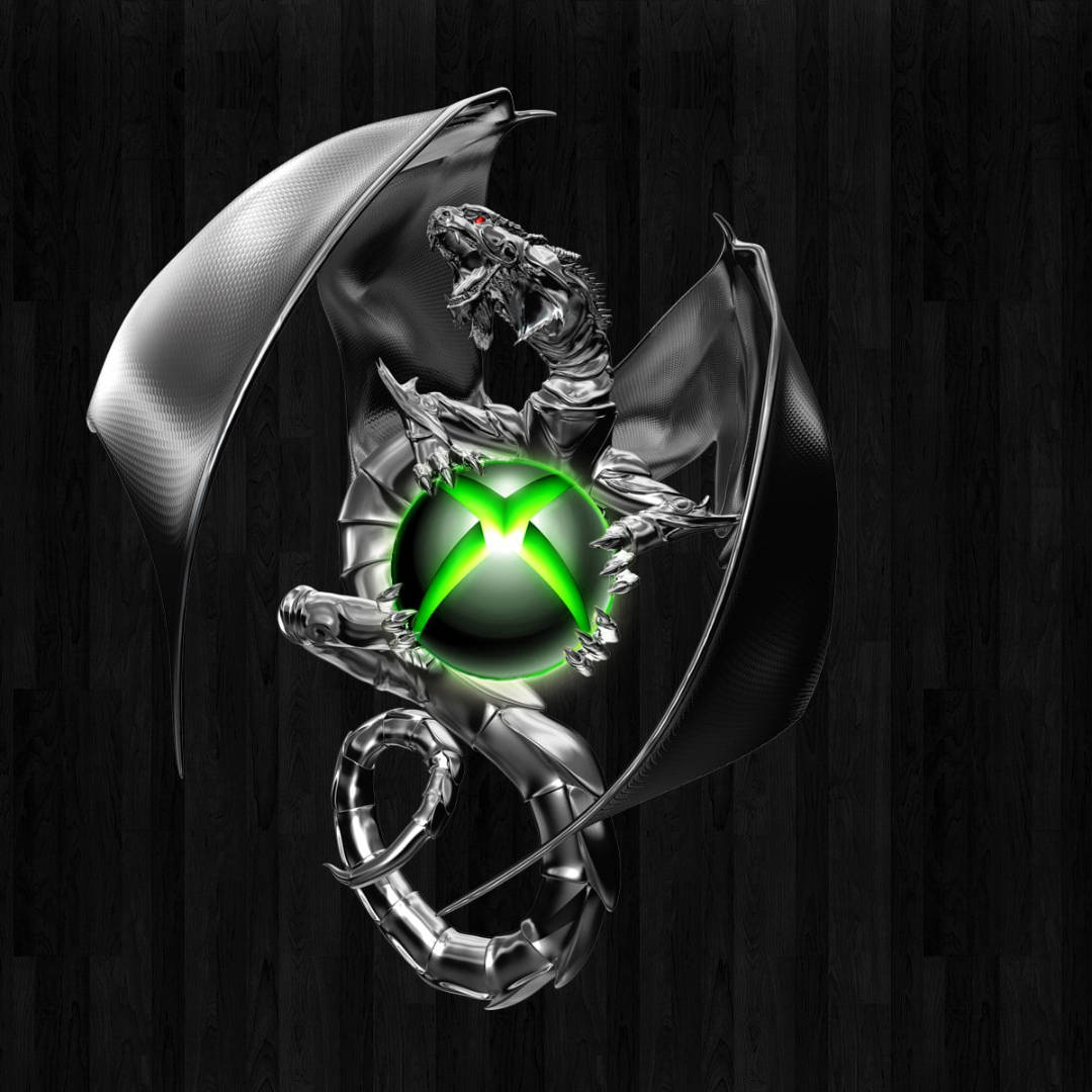 金屬龍在深色木質背景上持有發光的綠色Xbox標誌。