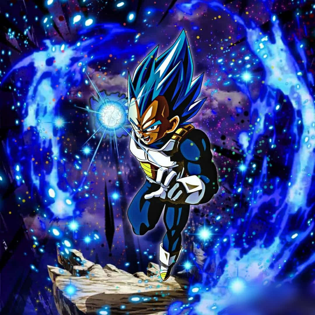 1080x1080 貝吉塔藍色超級賽亞人數位藝術 壁紙 — 超級撒亞人藍形態的比達在宇宙星空背景下釋放出發光的能量爆炸。