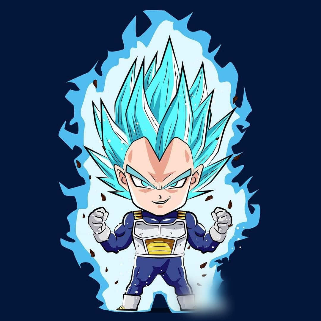 1080x1080 貝吉塔藍色進化版數位插畫 壁紙 — 暗黑背景下，超級撒亞人藍形態的Q版比達，散發著發光的藍色氣場並握緊拳頭。