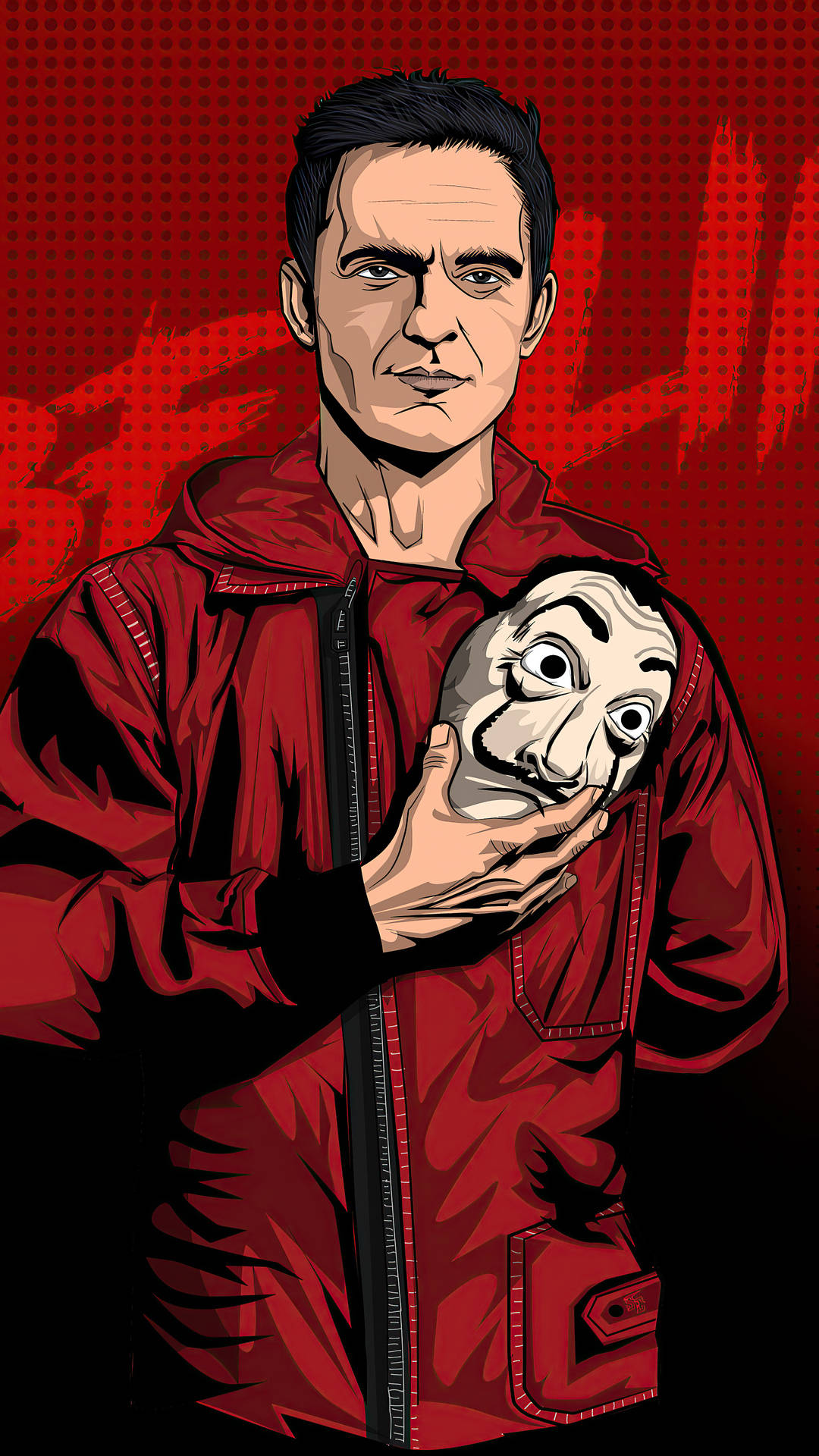 《紙牌屋》柏林持面具 1080x1920 壁紙 — 一個穿著紅色外套的男人，在鮮明的紅色半色調背景前，手持一個白色的達利面具。