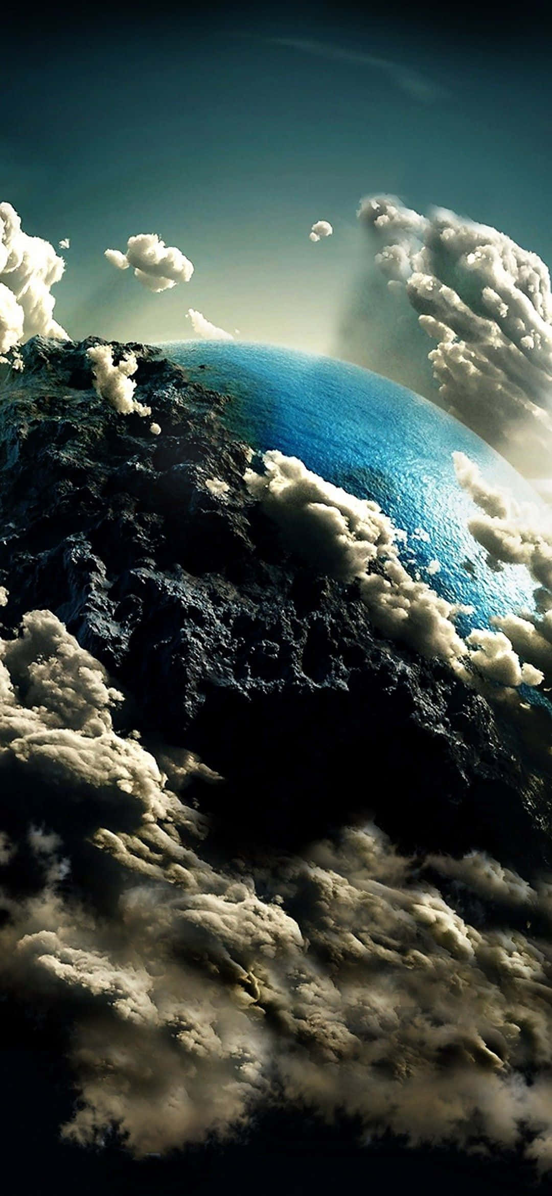 1080x2340 4K 雲中地球數位藝術 壁紙 — 一個戲劇性的景象，顯示一顆行星的彎曲地平線從旋轉的雲層中浮現，伴隨著深藍色的海洋和黑暗的岩石地形。