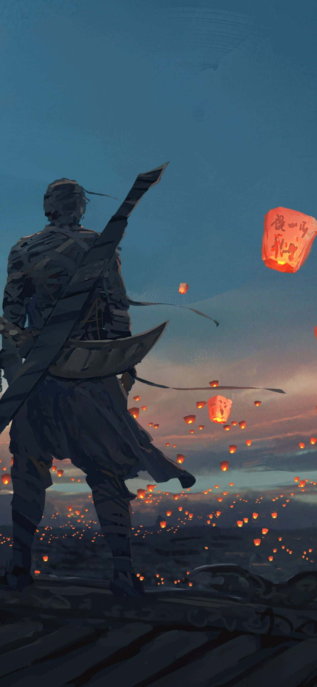 1080x2340 4K 動漫戰士仰望天燈 壁紙 — 一個孤獨的戰士身穿暗色盔甲站在屋頂上，看著發光的紅色燈籠飄向暮色天空。