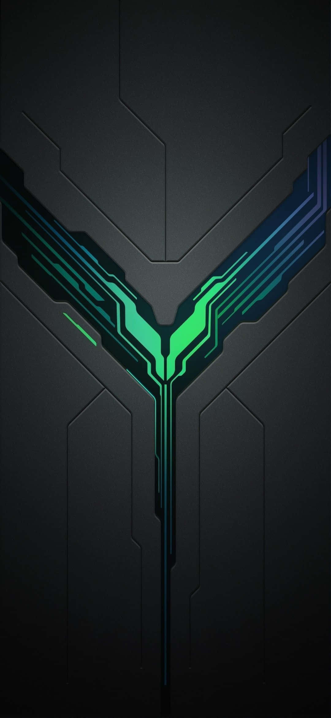 1080x2340 4K 小米黑鲨2 背景圖 壁紙 — 一個發光的綠色和藍色Y形霓虹標誌，嵌入在深色紋理裝甲般的面板中。