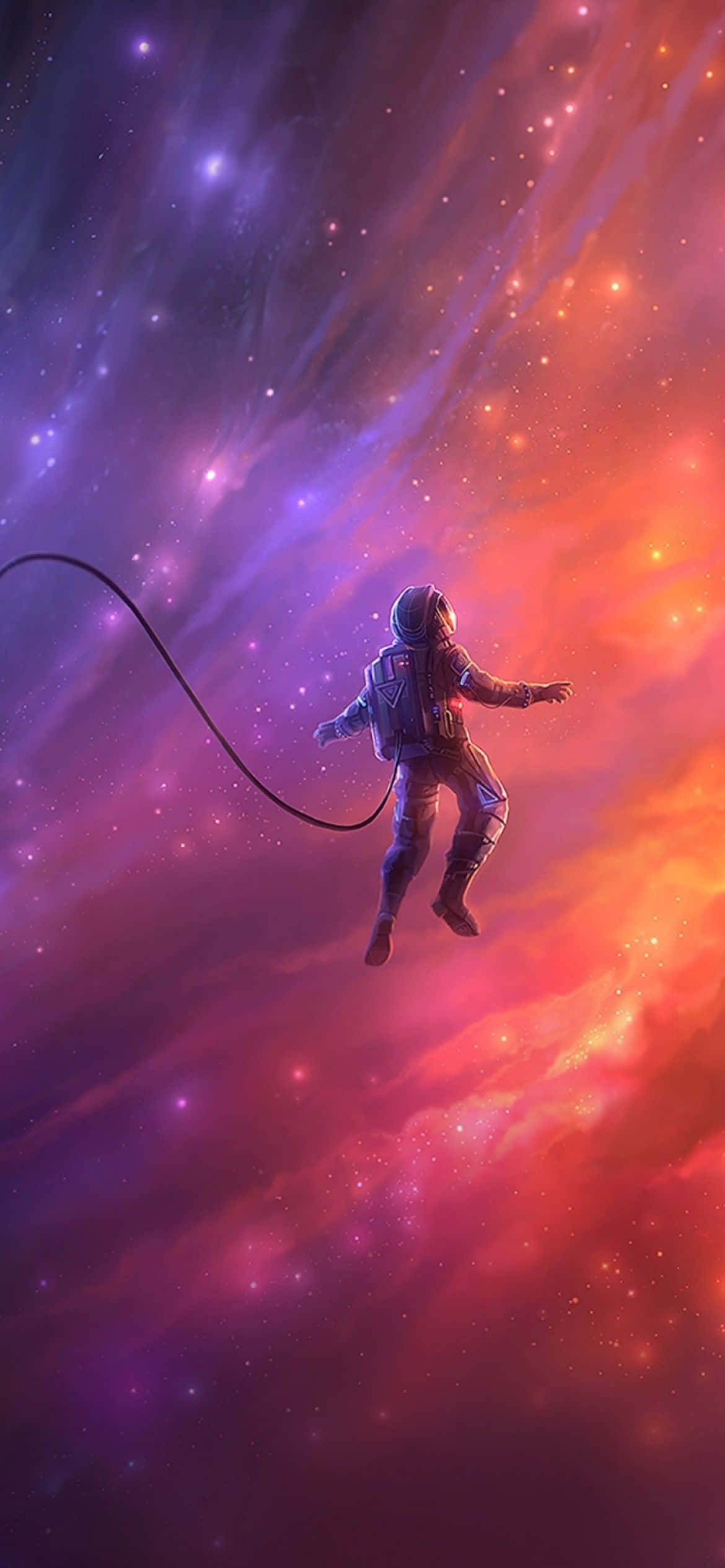 1170x2532 解析度：太空宇航員 壁紙 — 一名太空人在充滿紫色和橙色光芒的宇宙星雲中無重漂浮。
