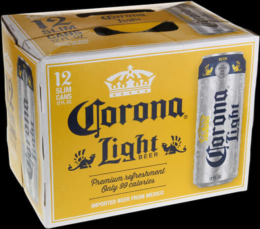 科羅娜輕啤酒12罐裝細型罐 壁紙 — 一個黃色和銀色的Corona Light啤酒六罐裝盒，旁邊放著一罐冰凍的啤酒，背景為黑色。