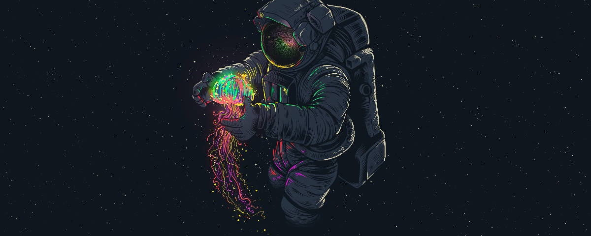 1200x480宇航員手持霓虹水母 壁紙 — 一名太空人在太空中輕輕捧著發光的霓虹水母，背景是繁星點點的宇宙。