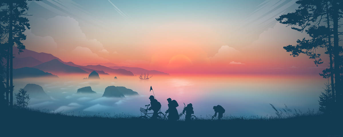 1200x480 Goonies 剪影 壁紙 — 黎明時分，剪影般的騎行者在一片霧氣瀰漫的山坡上稍作停留，一艘船正駛過發光的橙色和藍色海洋。