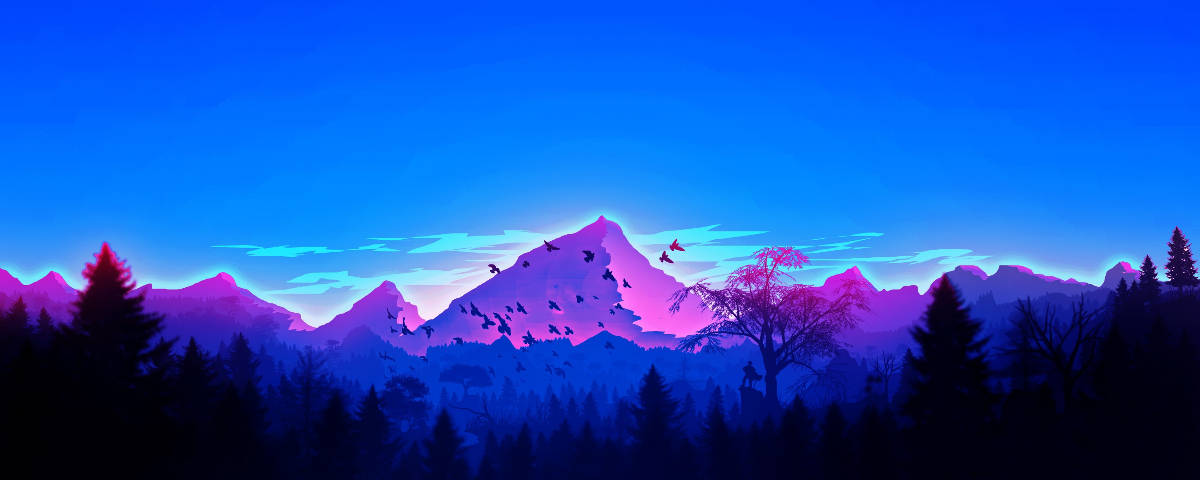 1200x480 霓虹紫色山脈 壁紙 — 充滿活力的紫色和藍色山脈在黃昏時發光，剪影樹木和飛鳥映襯著漸變的天空。