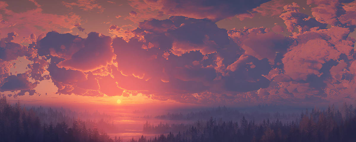 1200x480 粉紅雲霞夕照天空 壁紙 — 寧靜的夕陽將天空染成火熱的橙色和紫色，雲朵在霧氣籠罩的森林和寧靜的河流上空發光。