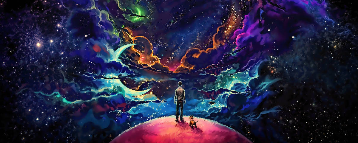 1200x480 雲霧星系迷幻風 壁紙 — 一個孤獨的身影和一隻狗站在發光的星球上，凝視著充滿星星和星雲的漩渦宇宙天空。