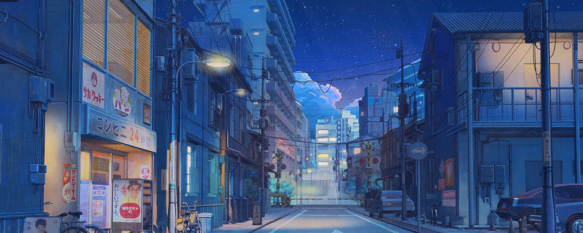日本一條寧靜的動漫街道，夜晚有發光的招牌和星星。