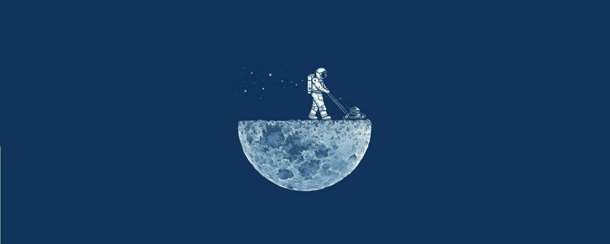 太空人在星空下用割草機修剪月球。