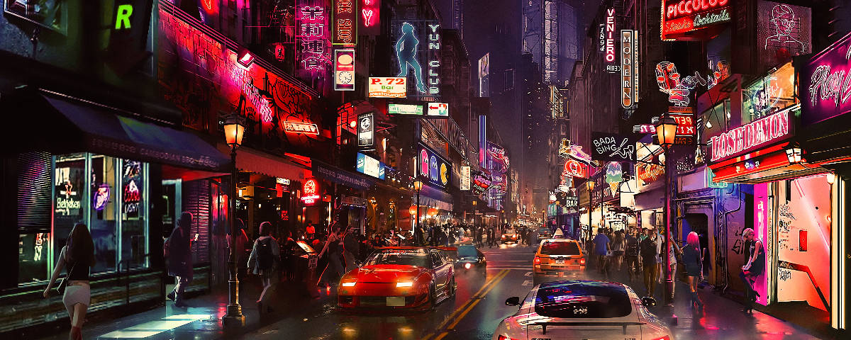 霓虹燈在繁忙的夜街濕漉漉的人行道上反射。