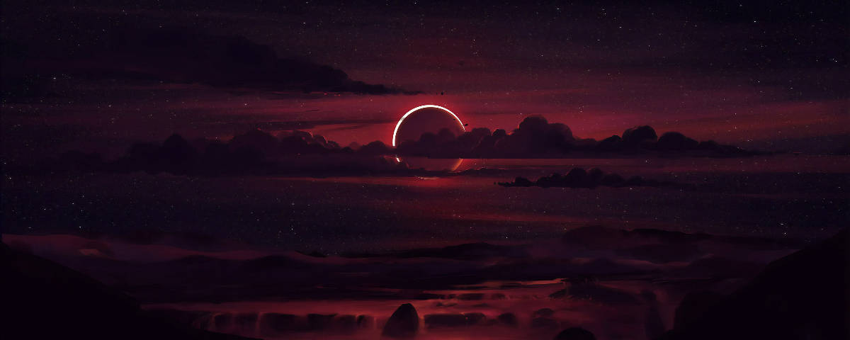 紅色環狀日食在黑暗雲層和霧氣瀰漫的景觀上方的星空夜空中閃耀。