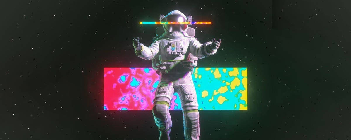 太空人在太空中跳舞，帶有發光霓虹面罩和彩色面板。