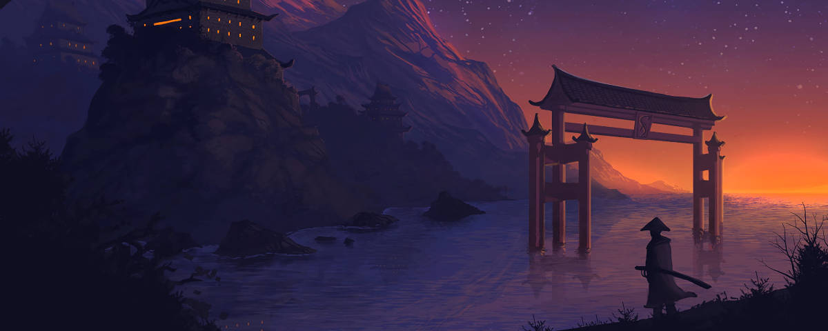 黃昏時分鳥居前的武士，背景有山脈和寺廟