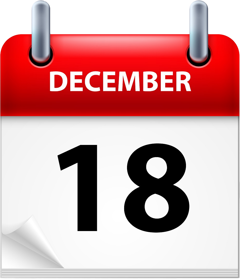 12月18日日曆圖示 壁紙 — 光澤紅色十二月日曆頁，顯示18號，帶有捲曲角落和銀色裝訂針。