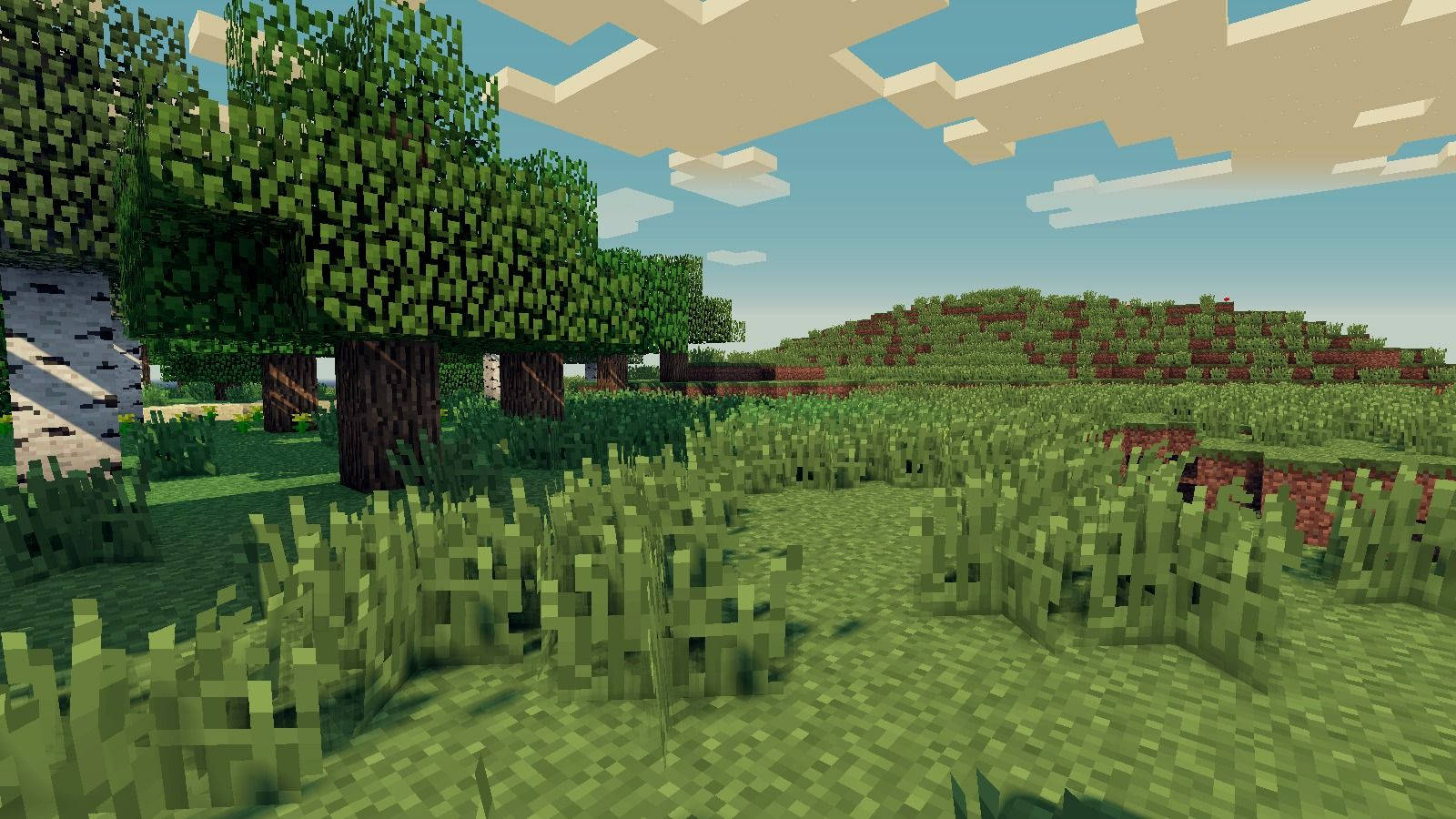 像素化嘅Minecraft森林，有樹木同草地，天空係方塊狀。 — 我的世界 壁紙