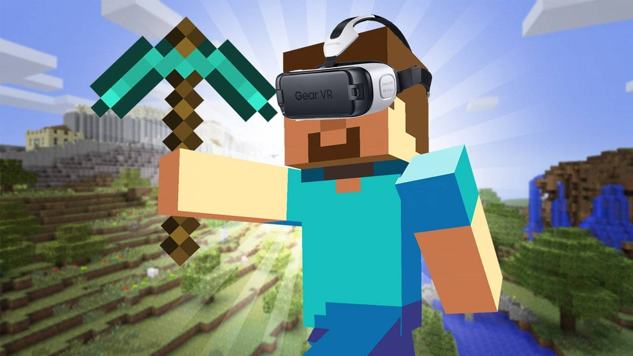 Minecraft角色戴著VR頭戴式裝置，在方塊世界中手持鑽石鎬。