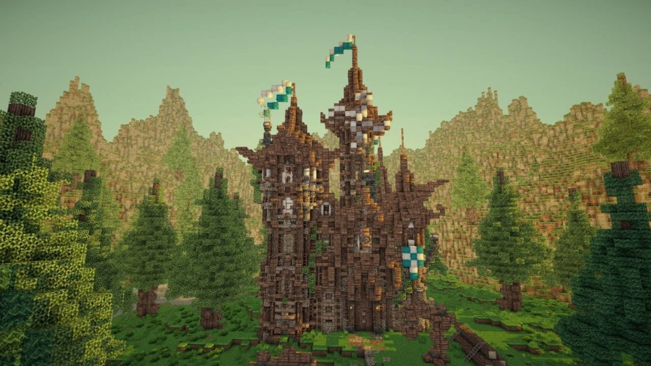 森林中的Minecraft城堡，帶有旗幟，背景有山脈。