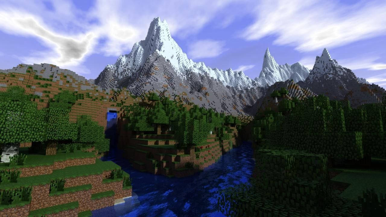 Minecraft山脈河流森林場景，具有方塊地形和積雪的山峰。