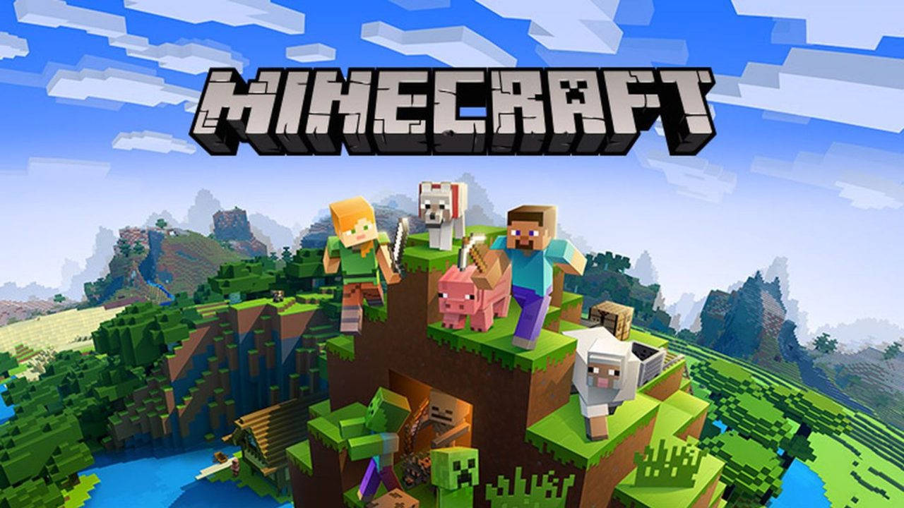 1280x720 Minecraft 圖形宣傳 壁紙 — Minecraft 角色和動物站在像素懸崖上，俯瞰藍天下方塊狀的風景。