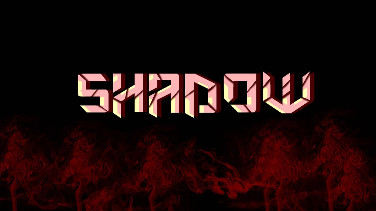 在黑色背景上帶有紅色煙霧的發光粉紅和黃色3D文字SHADOW