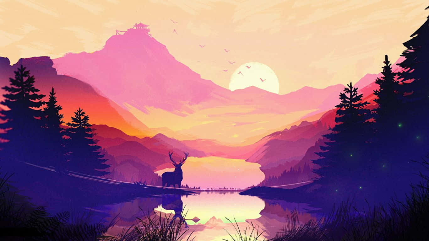 一隻鹿站在日落時分的湖泊中，背景有山脈和城堡。