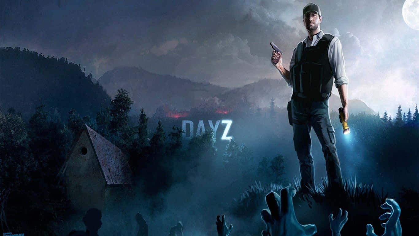 1366x768 Dayz Epoch Mod 背景：持槍男子 壁紙 — 一個孤獨的倖存者夜晚站在山頂上，手持手槍和手電筒，而殭屍的手從下方伸出來，滿月之下。