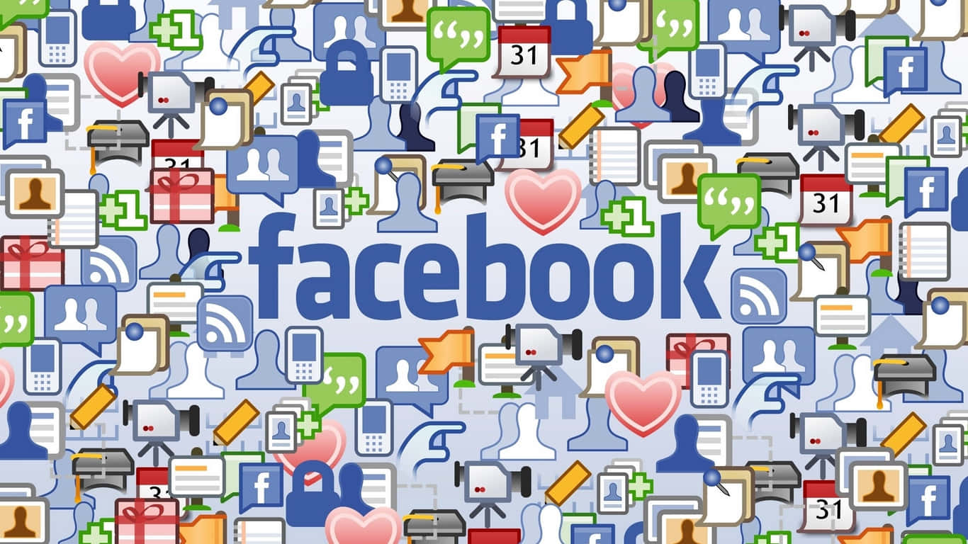 1366x768 社交背景Facebook符號 壁紙 — 密集嘅彩色Facebook圖示同符號拼貼，圍繞住中央嘅藍色Facebook標誌。