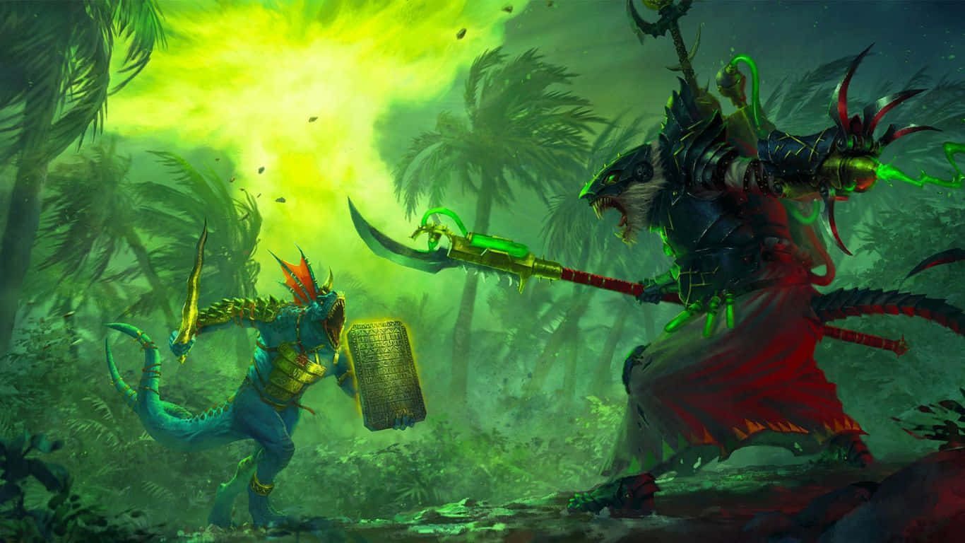 奇幻戰士在發光的綠色叢林中戰鬥，充滿魔法能量。