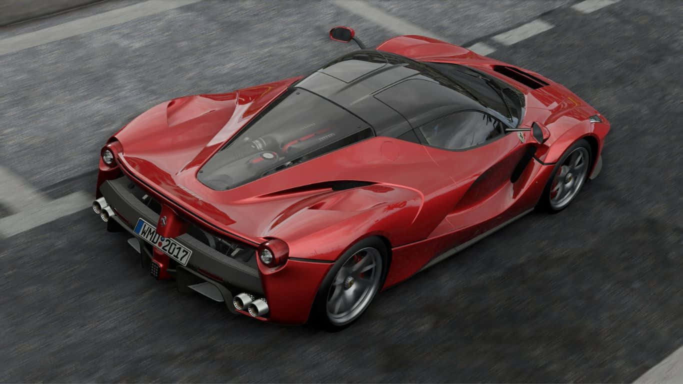 1366x768 Project Cars 2 LaFerrari 背景 壁紙 — 一輛鮮紅色的法拉利 LaFerrari 在灰色瀝青路上高速行駛，動態模糊效果突顯其高性能。