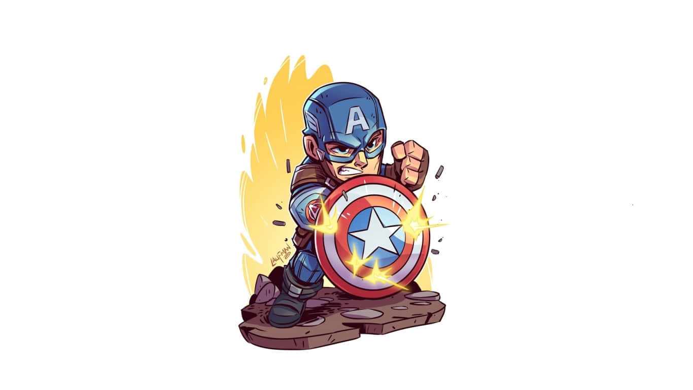 1366x768 美國隊長背景 Q版風格 壁紙 — Chibi Captain America 挑釁地站在岩石底座上，手持盾牌，身後金色能量爆發。