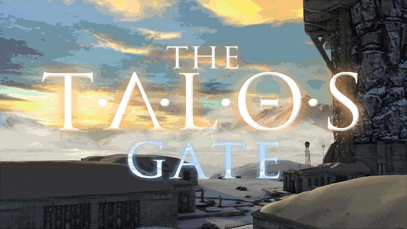 1366x768《The Talos Principle》門禁背景 壁紙 — 日落時分，多雲天空下，雪覆蓋的山景，有一個大石門和建築物。