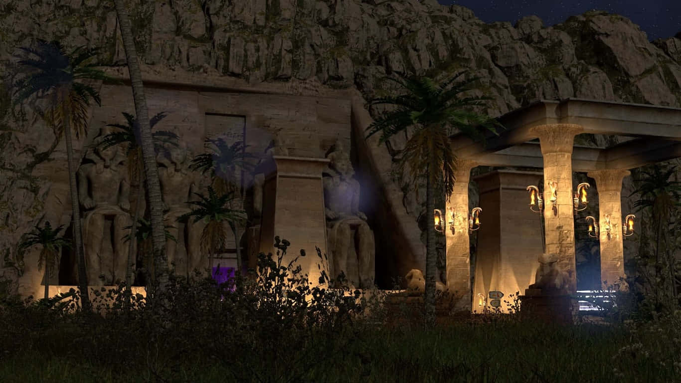 1366x768《The Talos Principle》埃及墓穴背景 壁紙 — 雕刻在懸崖邊的古老石廟，在夜空下與棕櫚樹和掛燈籠一起溫暖地發光。