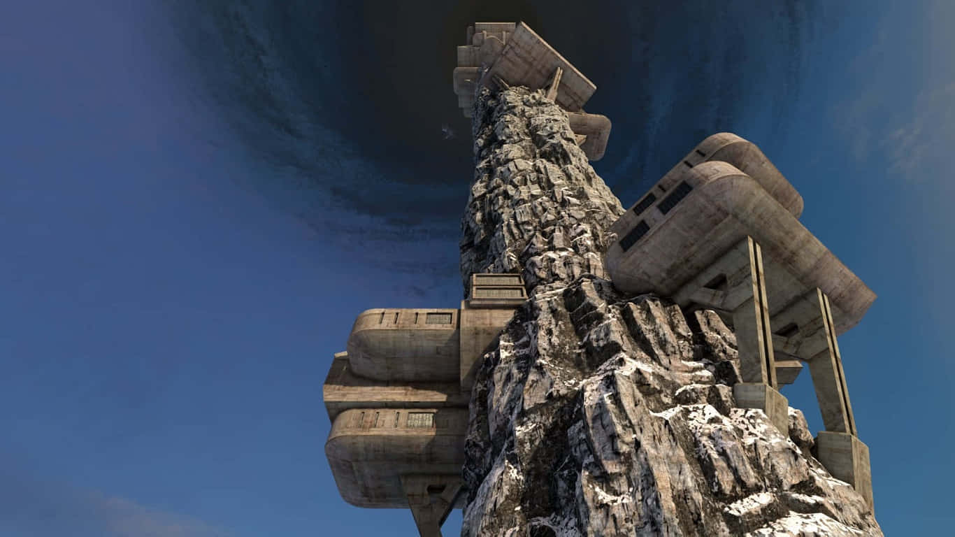 1366x768《The Talos Principle》埃舍爾式建築背景 壁紙 — 一座高聳的未來主義建築緊貼著積雪的懸崖，背景是深藍色的天空。
